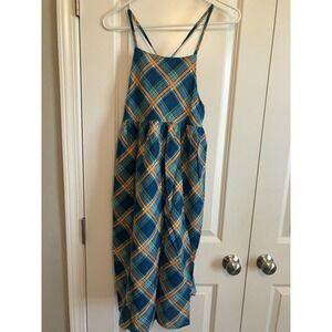 Blue Plaid Sundress Girls 9/10 Blue NWT Green Orange Midi Square Neck C574